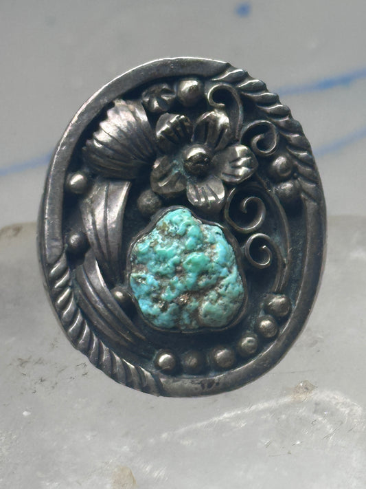 Vintage Sterling Silver Royston Green Turquoise Flower Leaf Ring Size 9 9.50 925