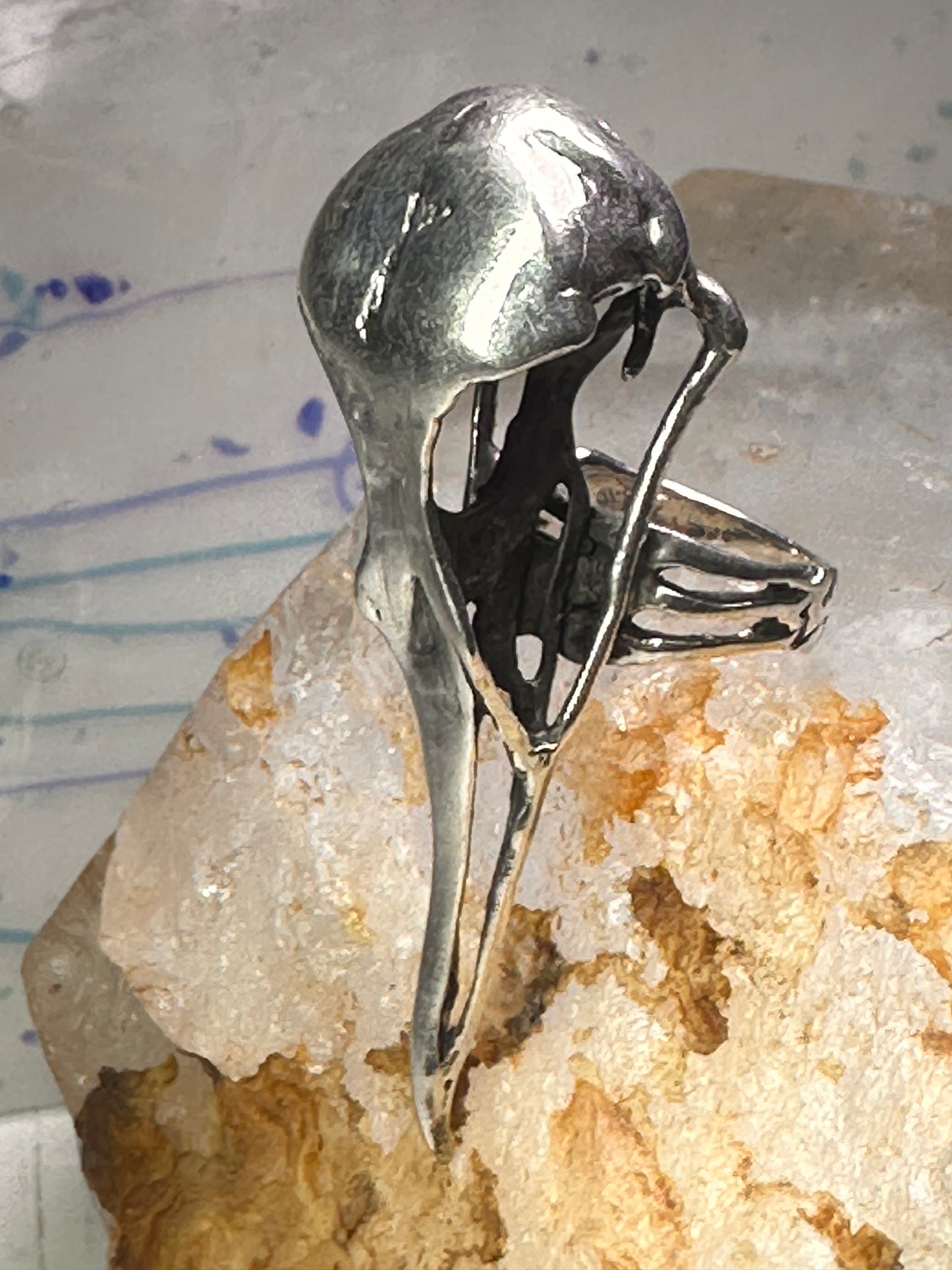 Skull Bird Ring Raven long band size 7.75 sterling silver women