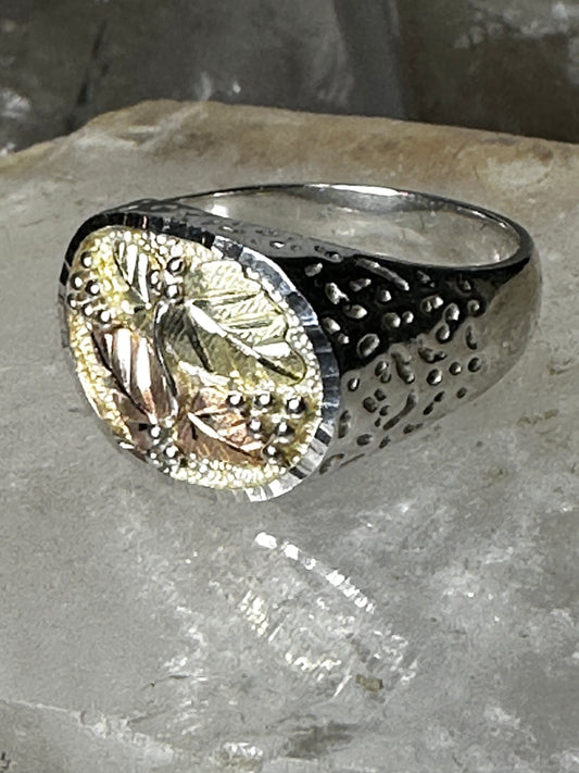Black Hills Gold ring Onyx Leaf band size 10 sterling silver women men