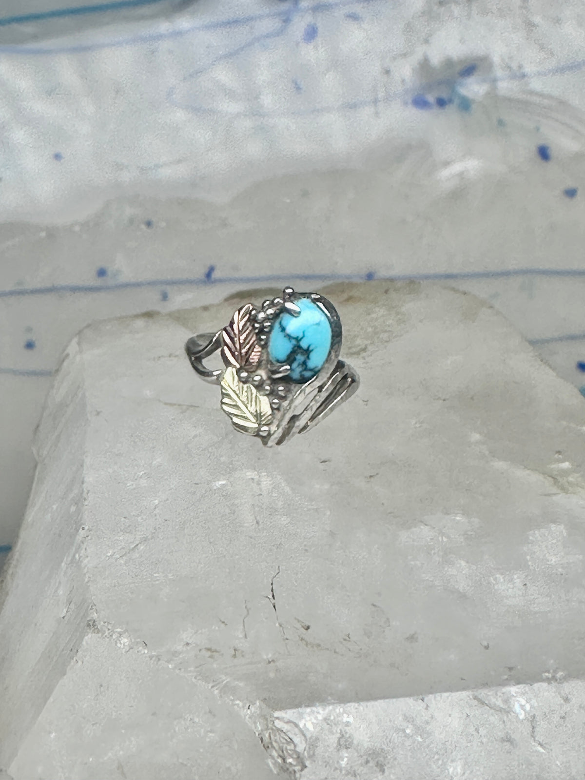 Vintage Sterling Silver Sleeping Beauty Turquoise Black Hills Gold Leaf Ring Size 5 925