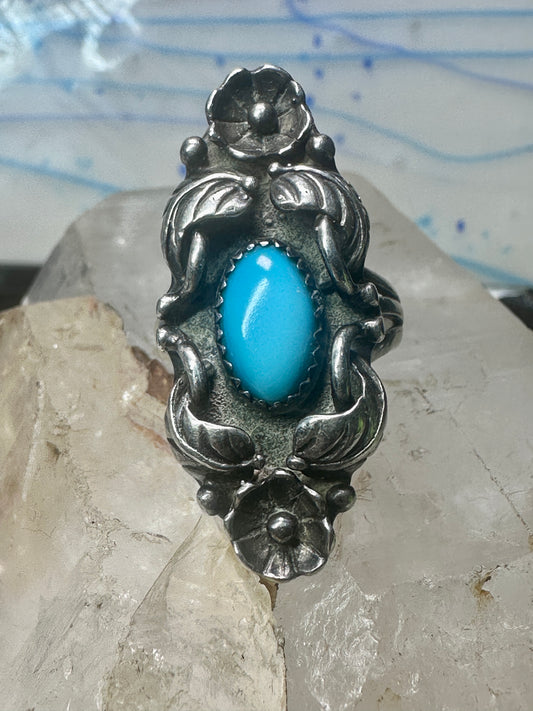 Long Navajo ring turquoise squash blossom leaves size 7.75 sterling silver women