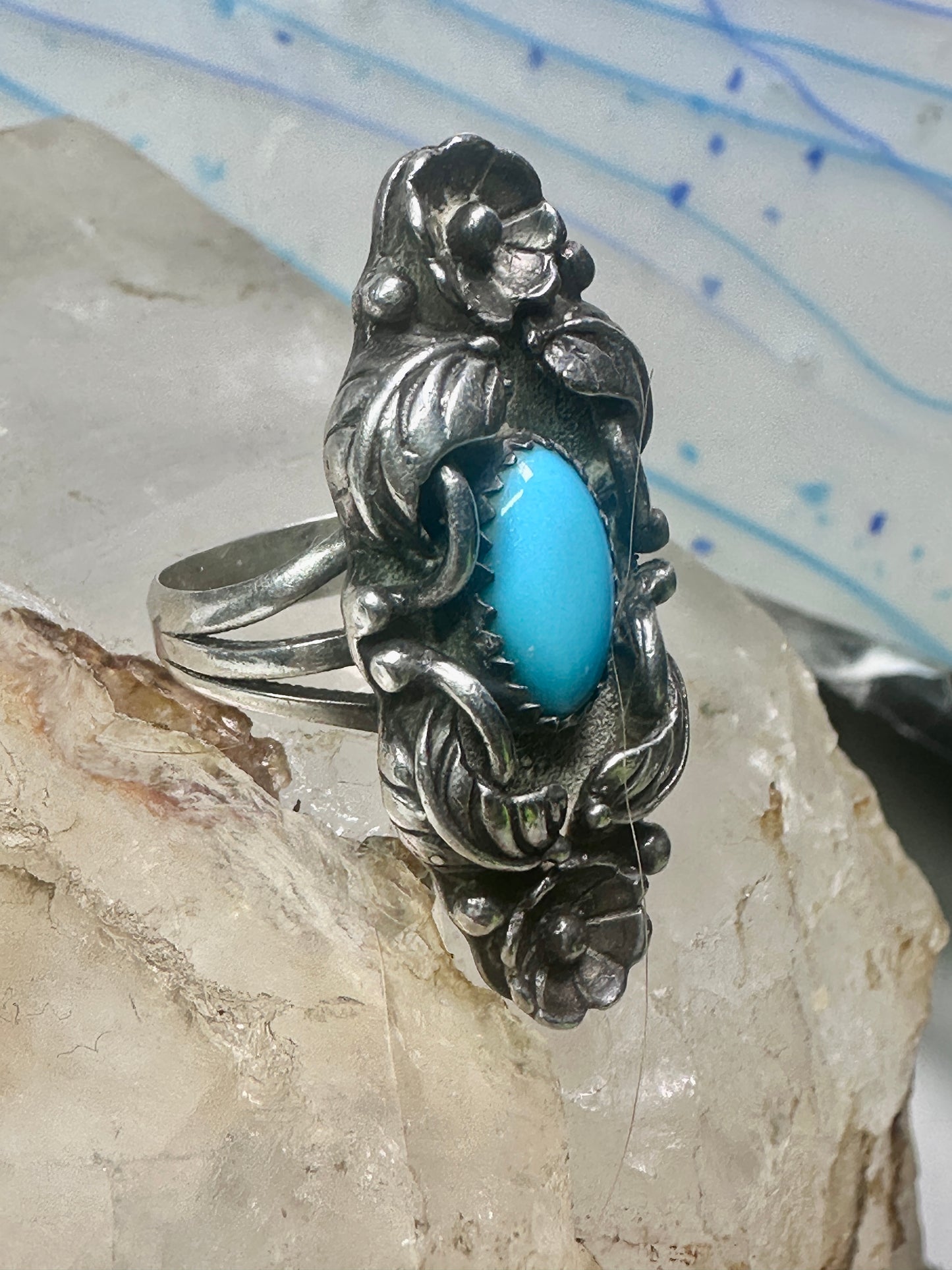 Long Navajo ring turquoise squash blossom leaves size 7.75 sterling silver women