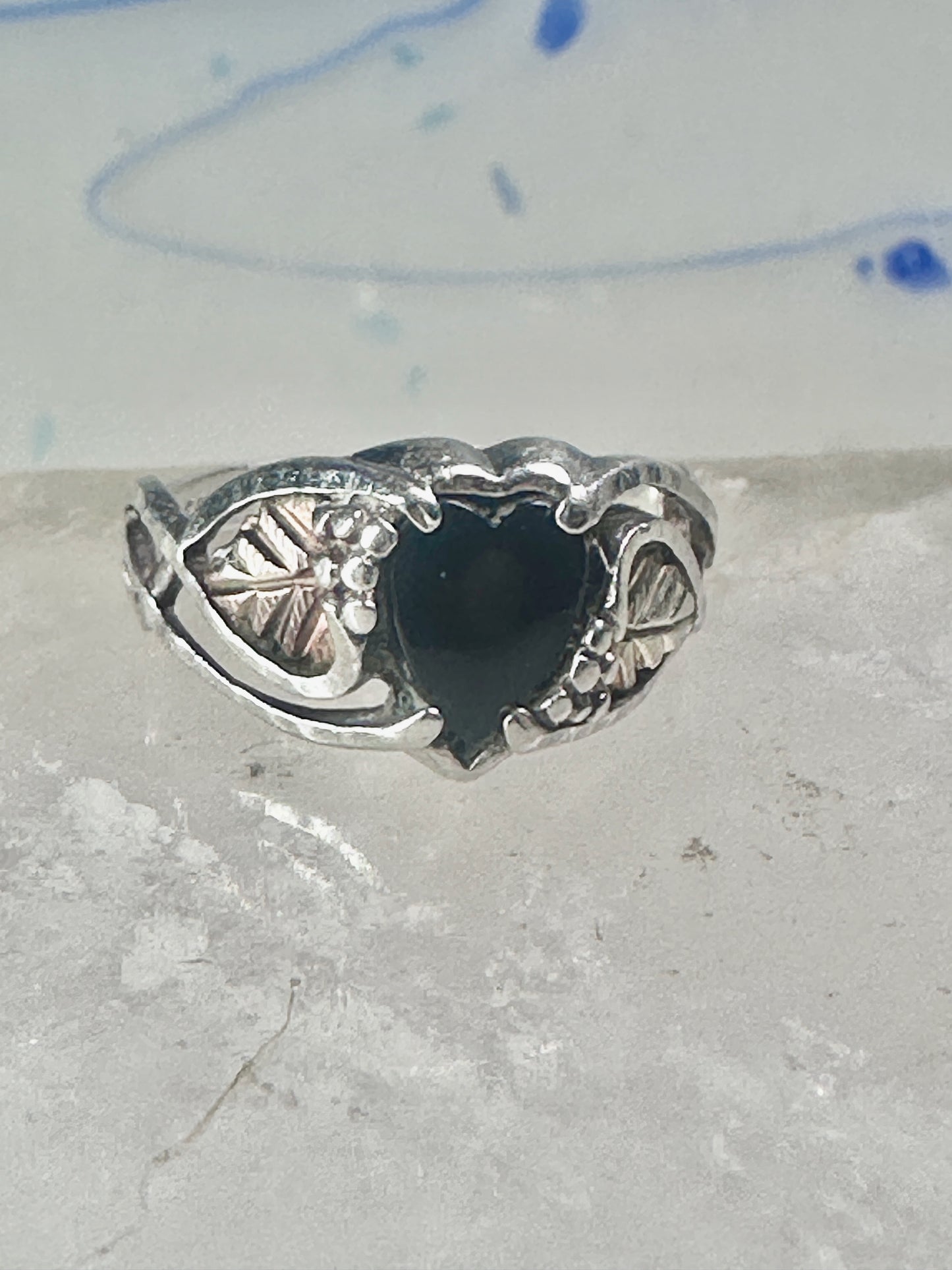 Black Hills Gold ring heart band onyx band size 7.25 sterling silver women