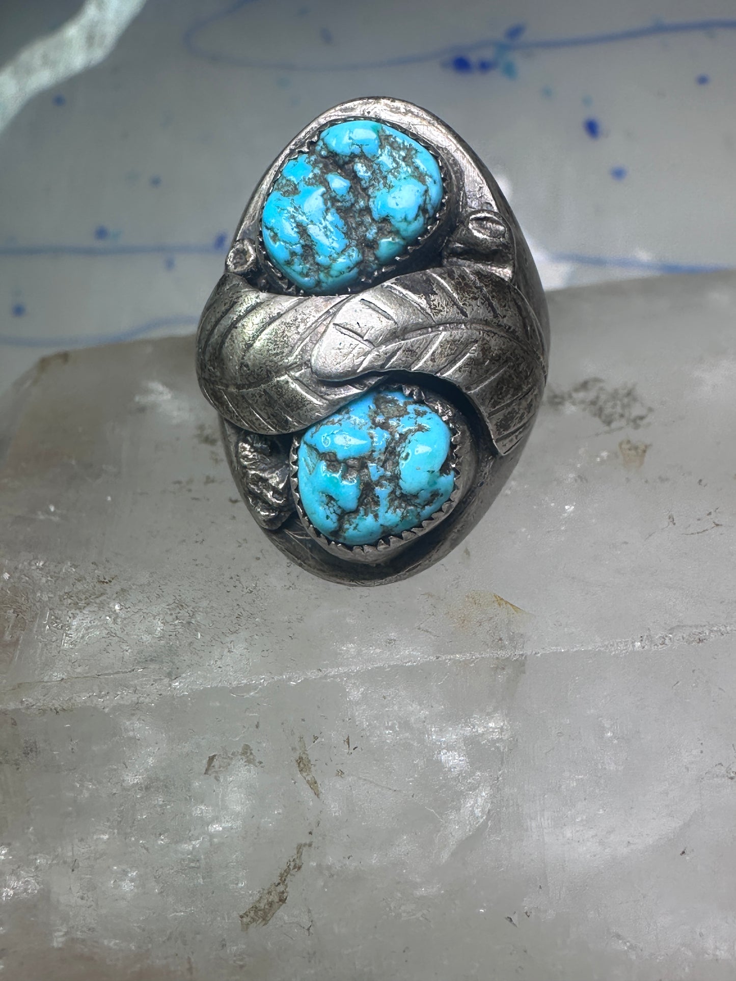 Navajo ring leaves turquoise band size 10.75 sterling silver men women AS IS