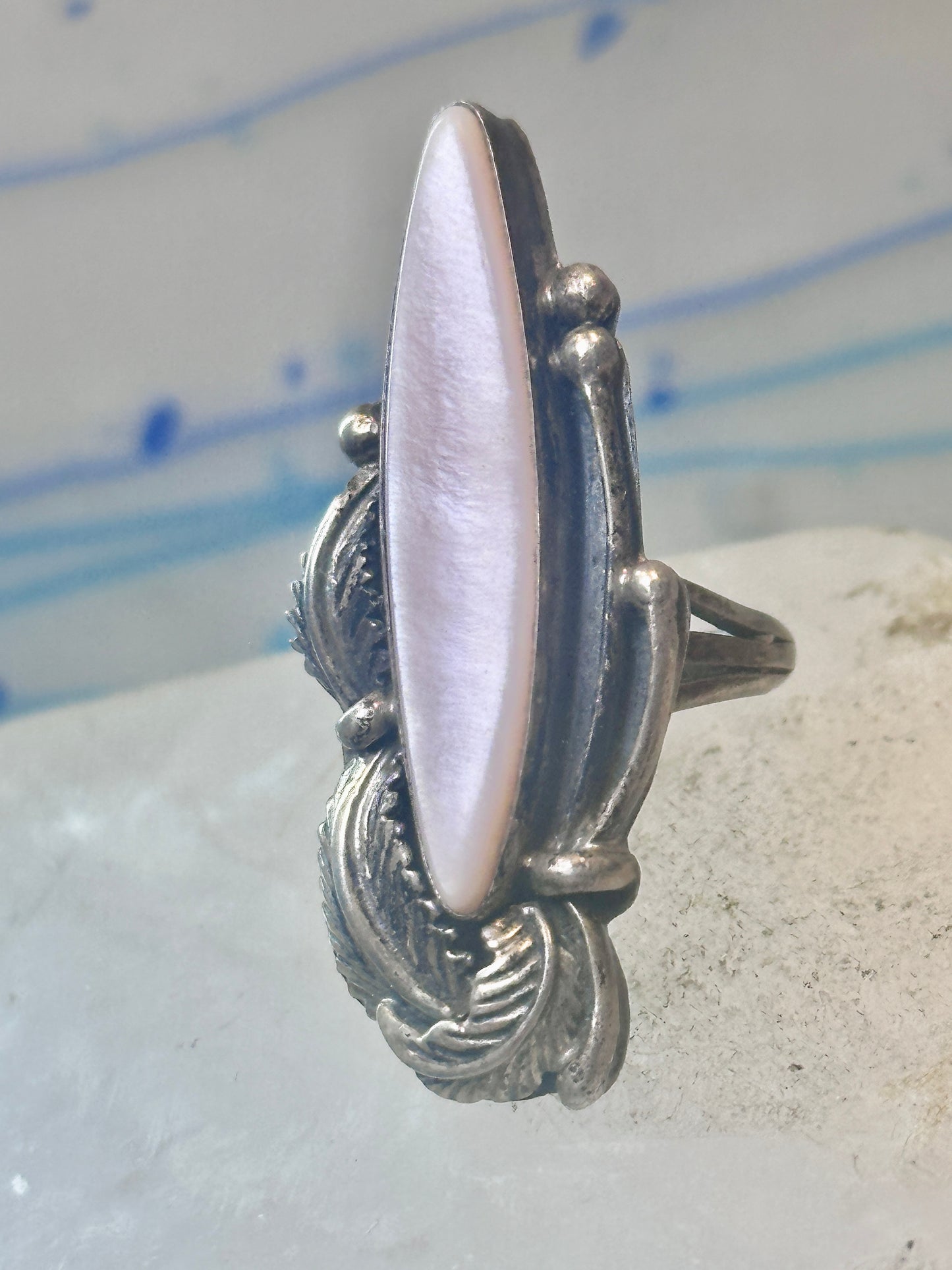 Navajo ring long mother of pearl feathers leaves size 6 sterling silver women