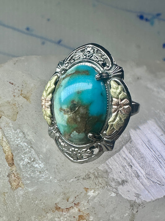 Black Hills Gold ring turquoise leaves floral band size 5.75 sterling silver women