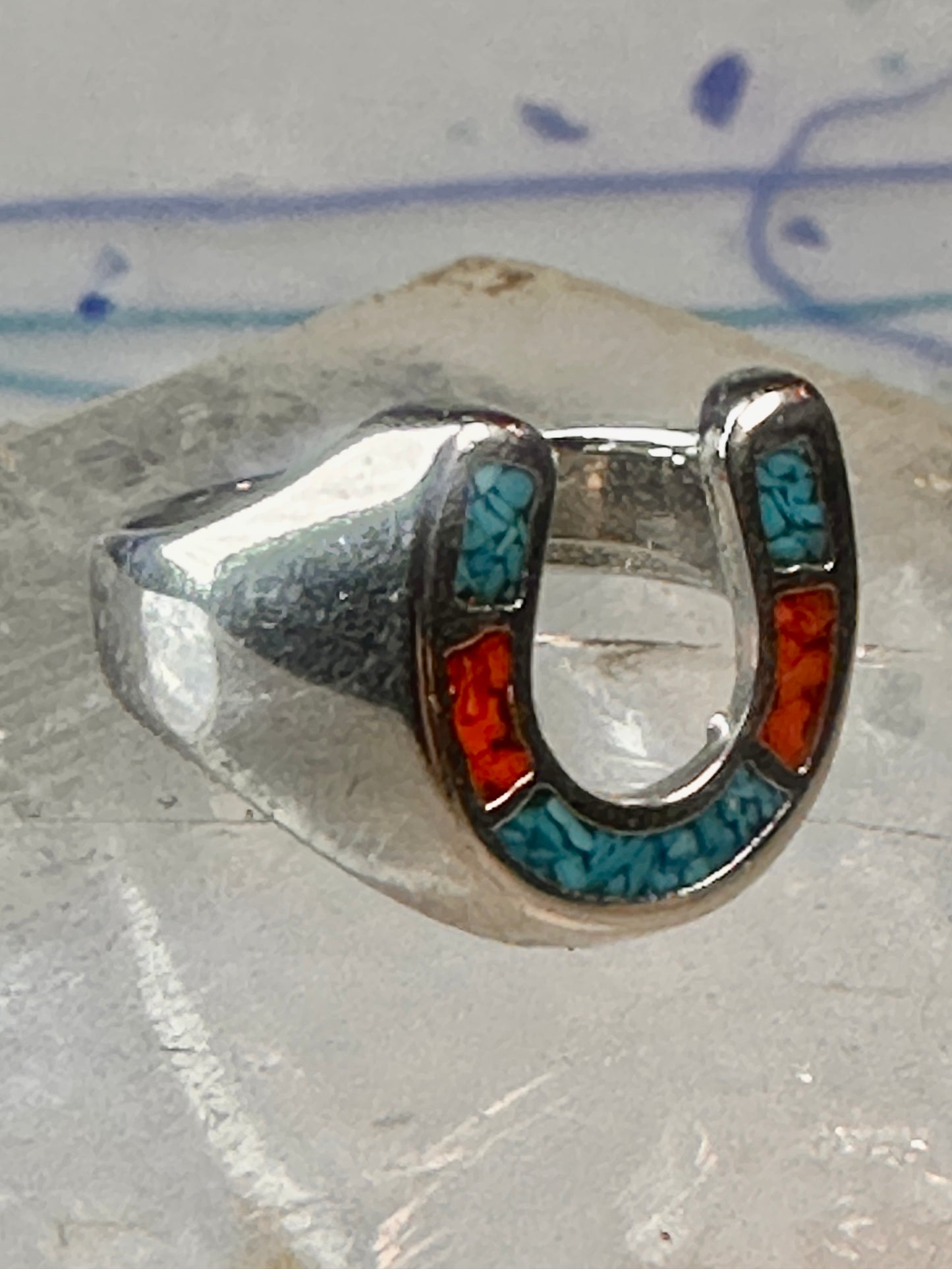 Horseshoe ring size 6 southwest good luck coral turquoise chips sterling silver women