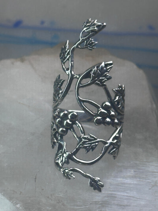 Long grape leaves ring long vine full finger band size 9 sterling silver women