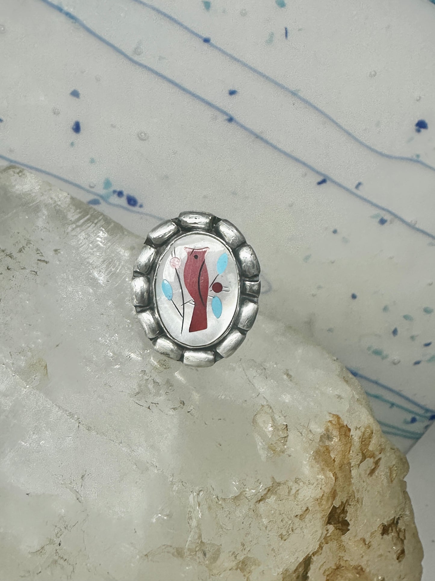 Zuni ring bird coral mother of pearl size 4.25 sterling silver pinky women girls
