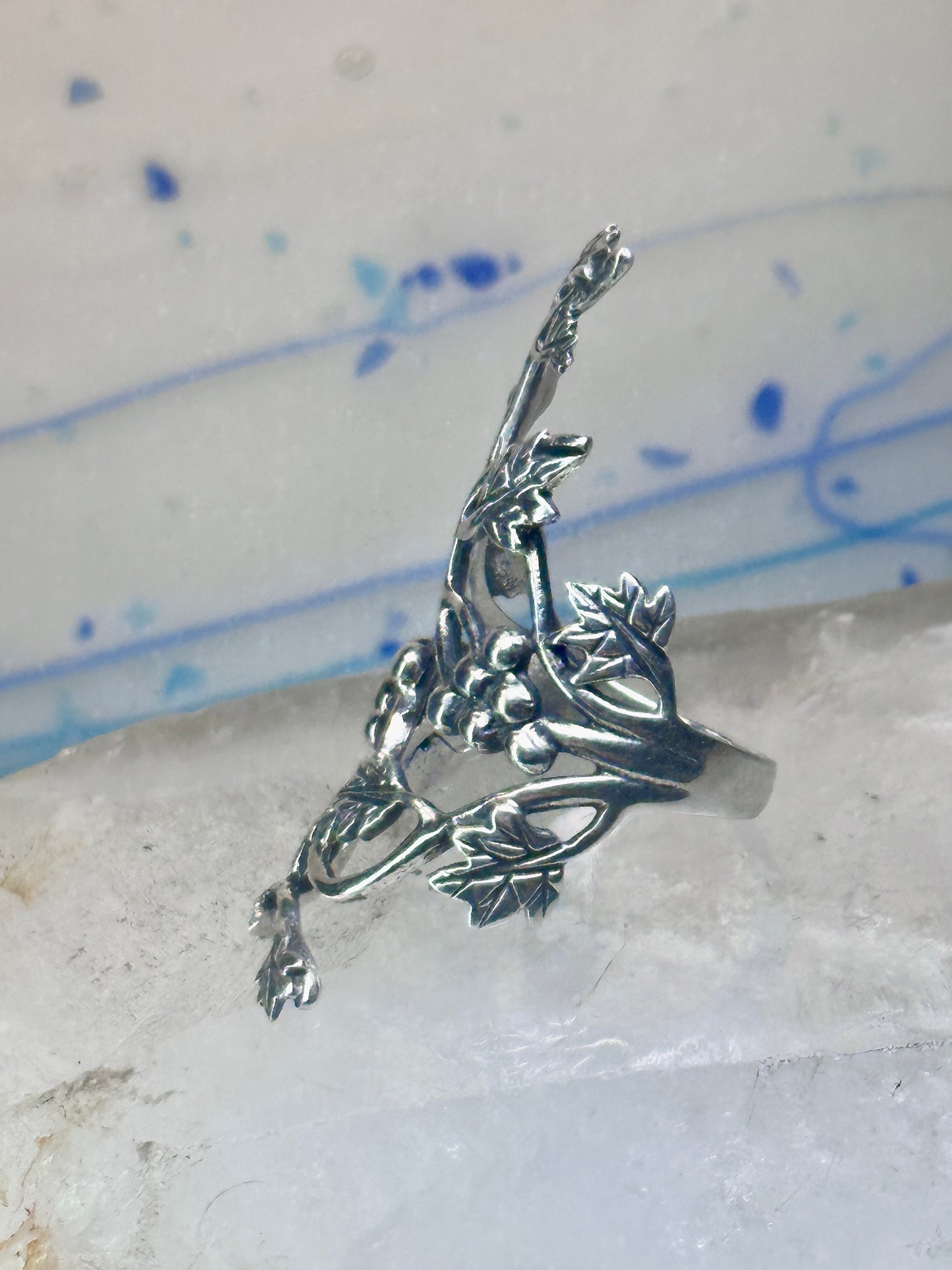 Long grape leaves ring long vine full finger band size 9 sterling silver women