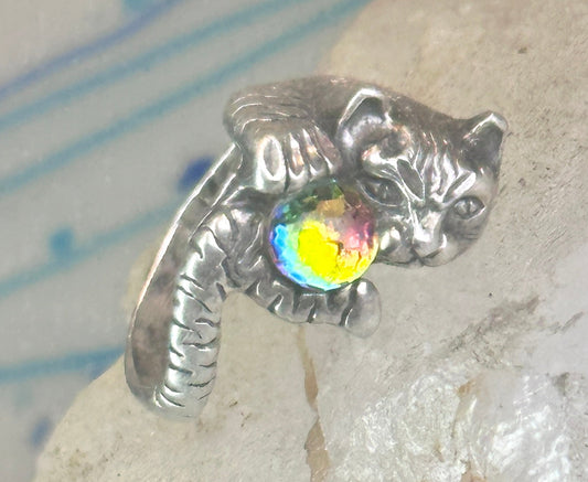 Cat ring with crystal rainbow ball band size 5 sterling silver women girls