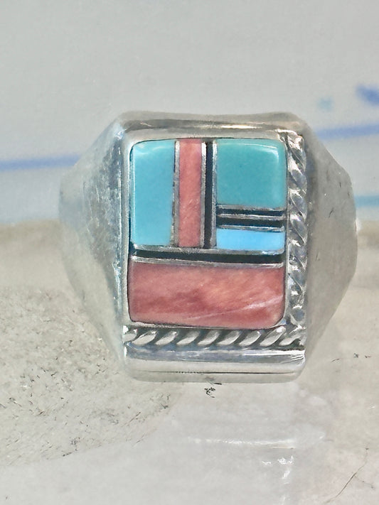 Navajo ring turquoise inlay band size 9 sterling silver women men signed HH