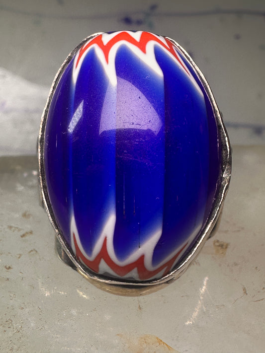 African trade bead ring size 7.75 Gye Nyame sterling silver women