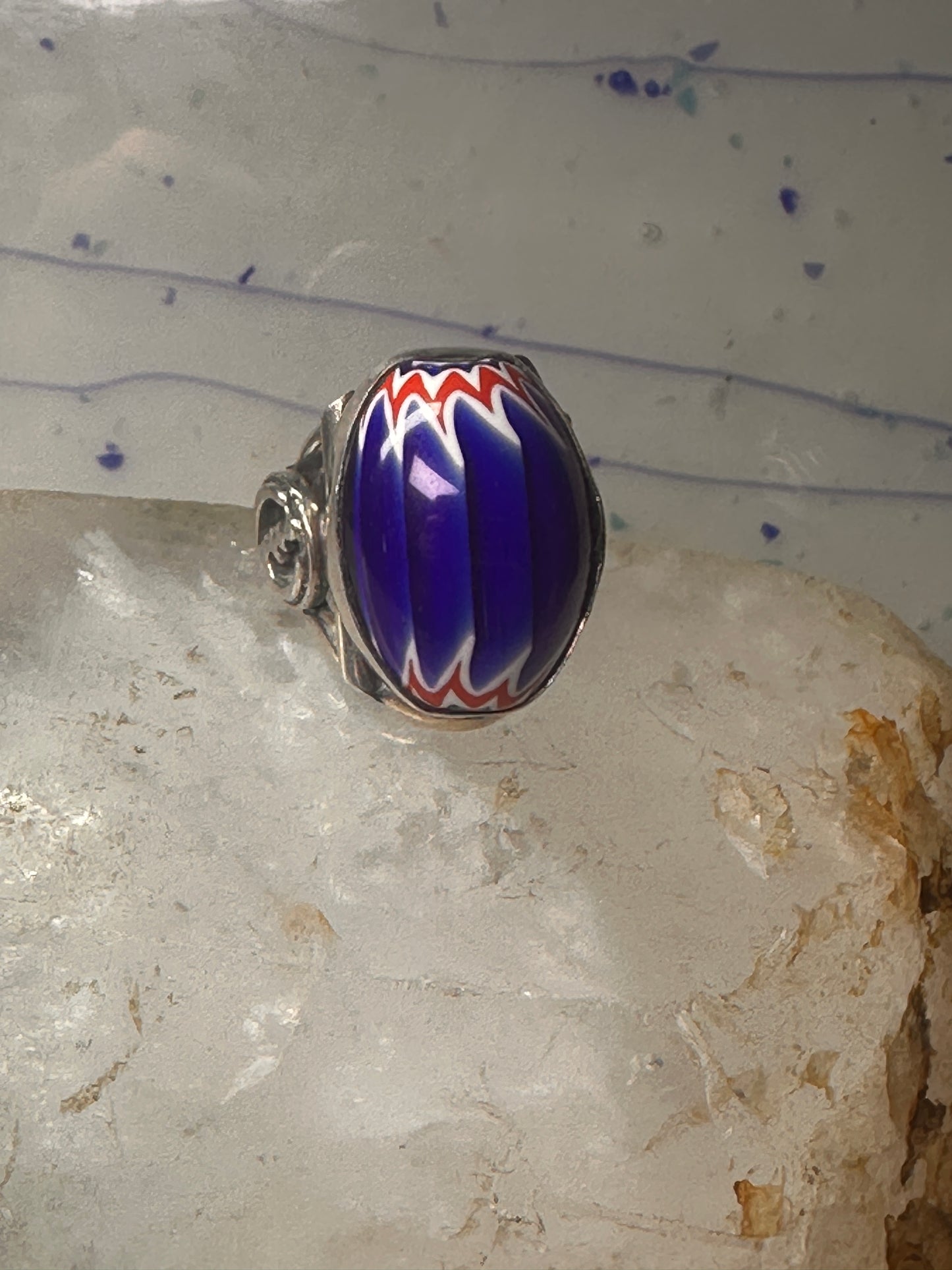 African trade bead ring size 7.75 Gye Nyame sterling silver women