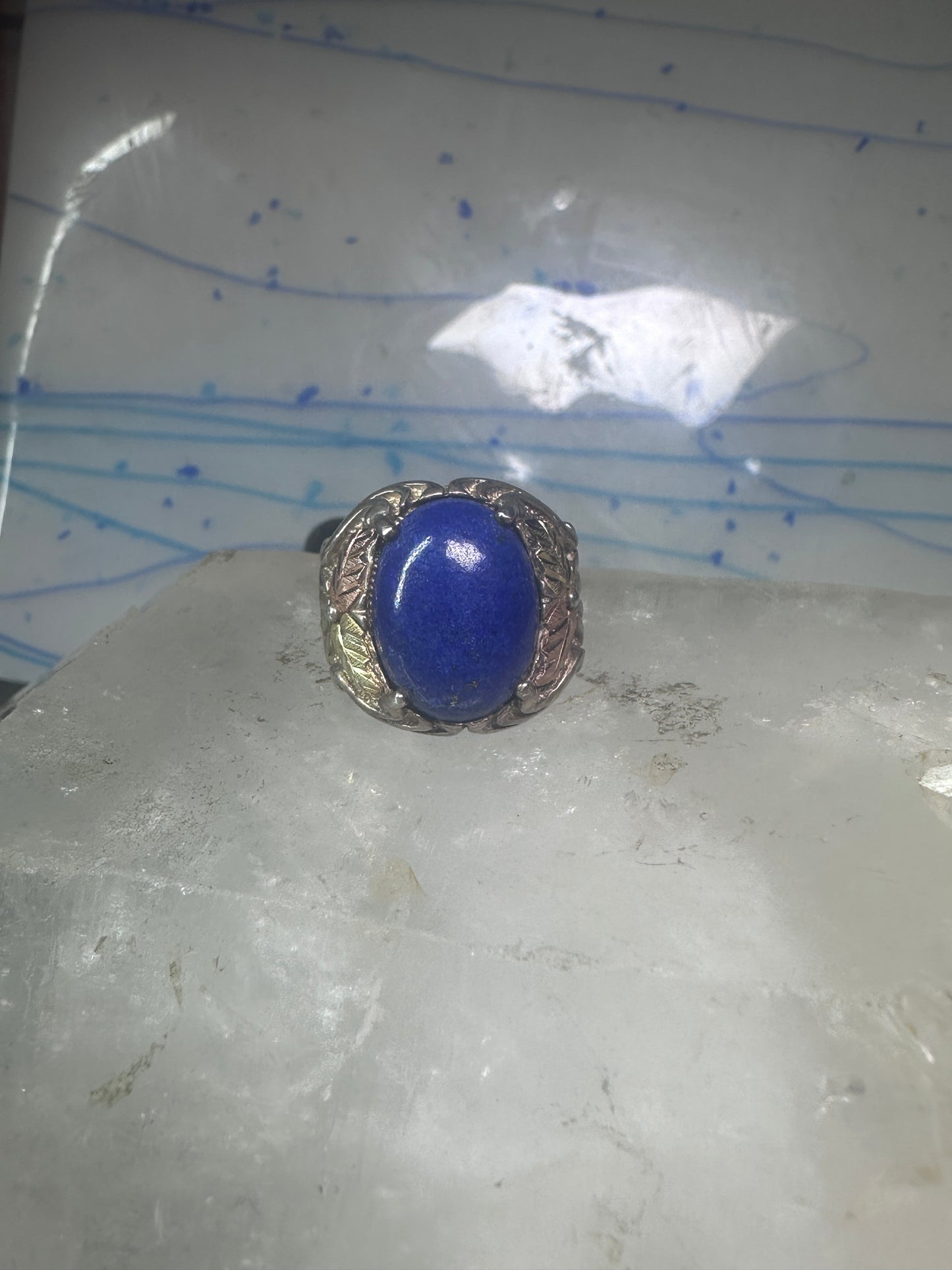 Black Hills Gold ring blue lapis leaves band size 7 sterling silver women men