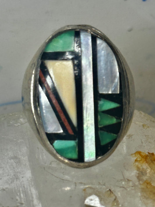 Zuni ring size 7.75 green mop coral onyx stone southwest sterling silver women men