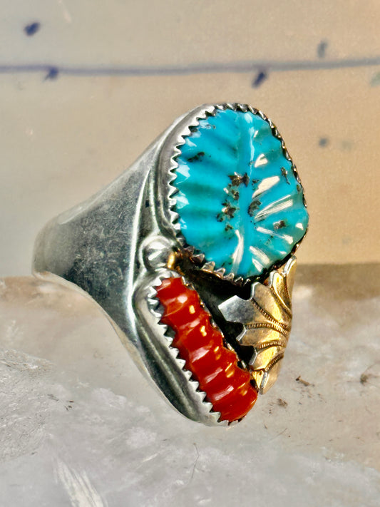 Navajo ring carved leaves heavy turquoise coral size 11 sterling silver women men
