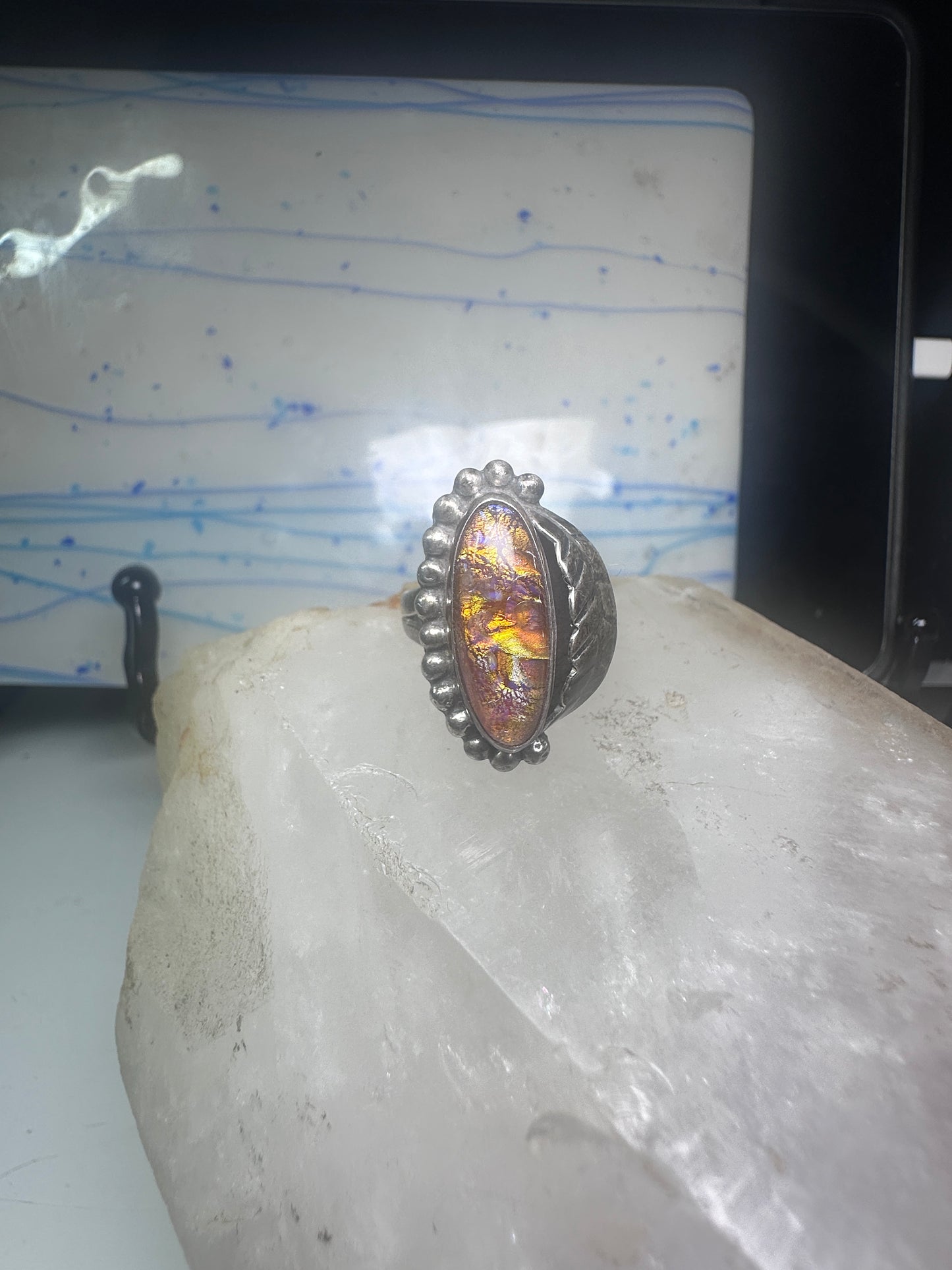 Lab opal ? Navajo leaf feather size 8 sterling silver women