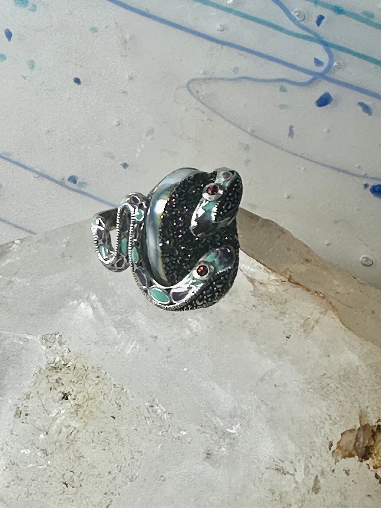 Two Snakes ring druzy enamel band size 6 sterling silver women girls