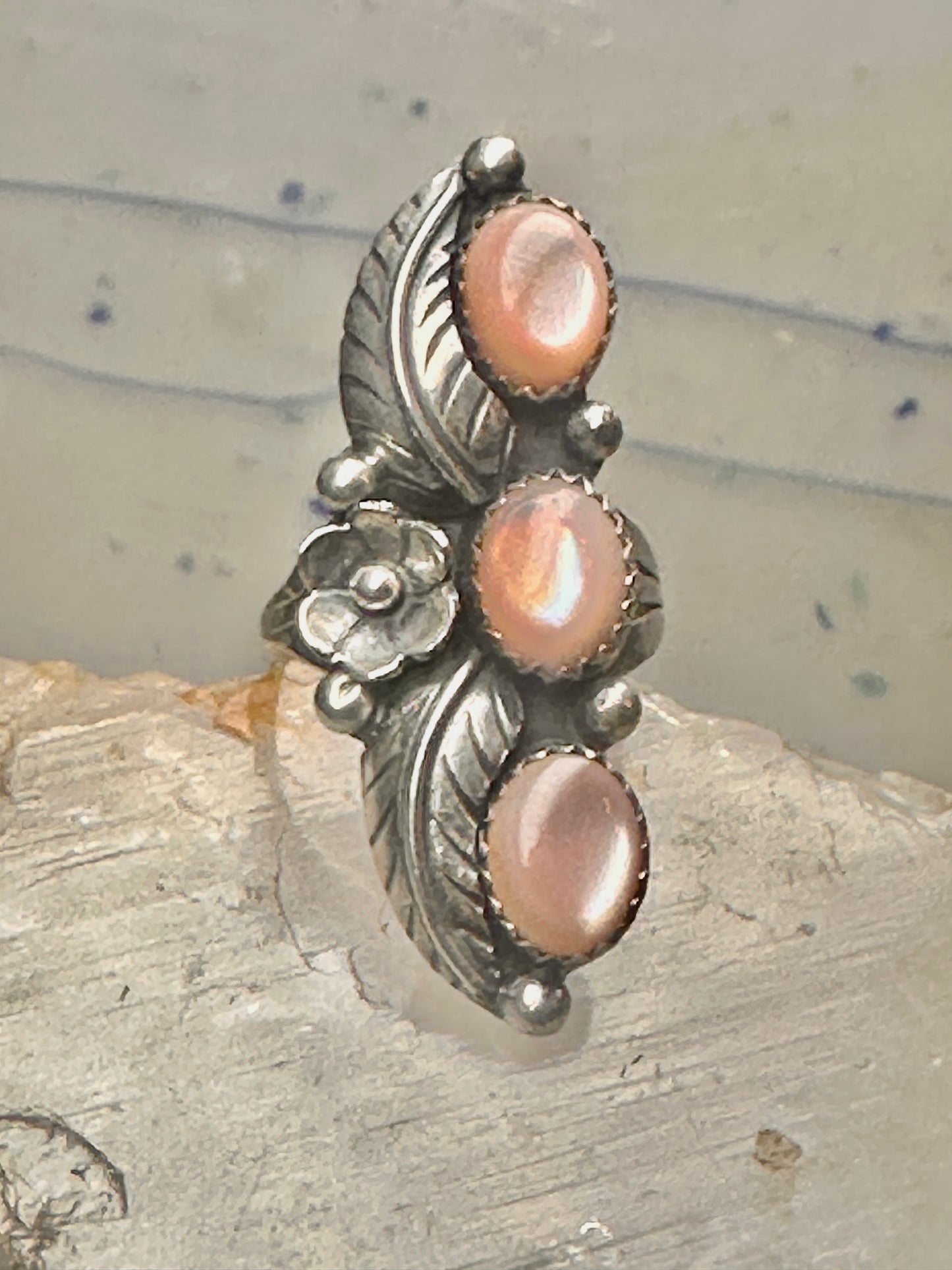 Long Navajo ring size 7 Mother of Pearl squash blossom leaves sterling silver women