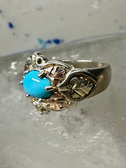 Black Hills Gold ring turquoise floral leaves band size 5.25 sterling silver women
