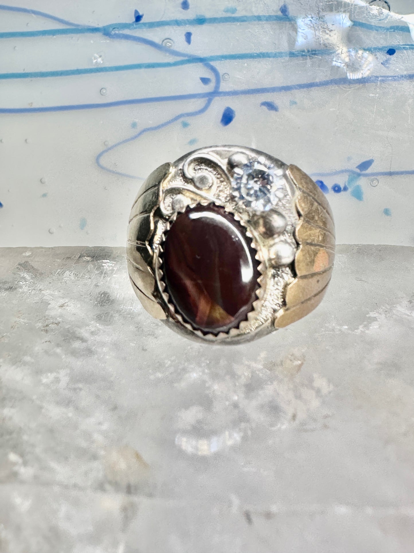 Fire Agate ring CZ band Navajo size 11.25 sterling silver women men