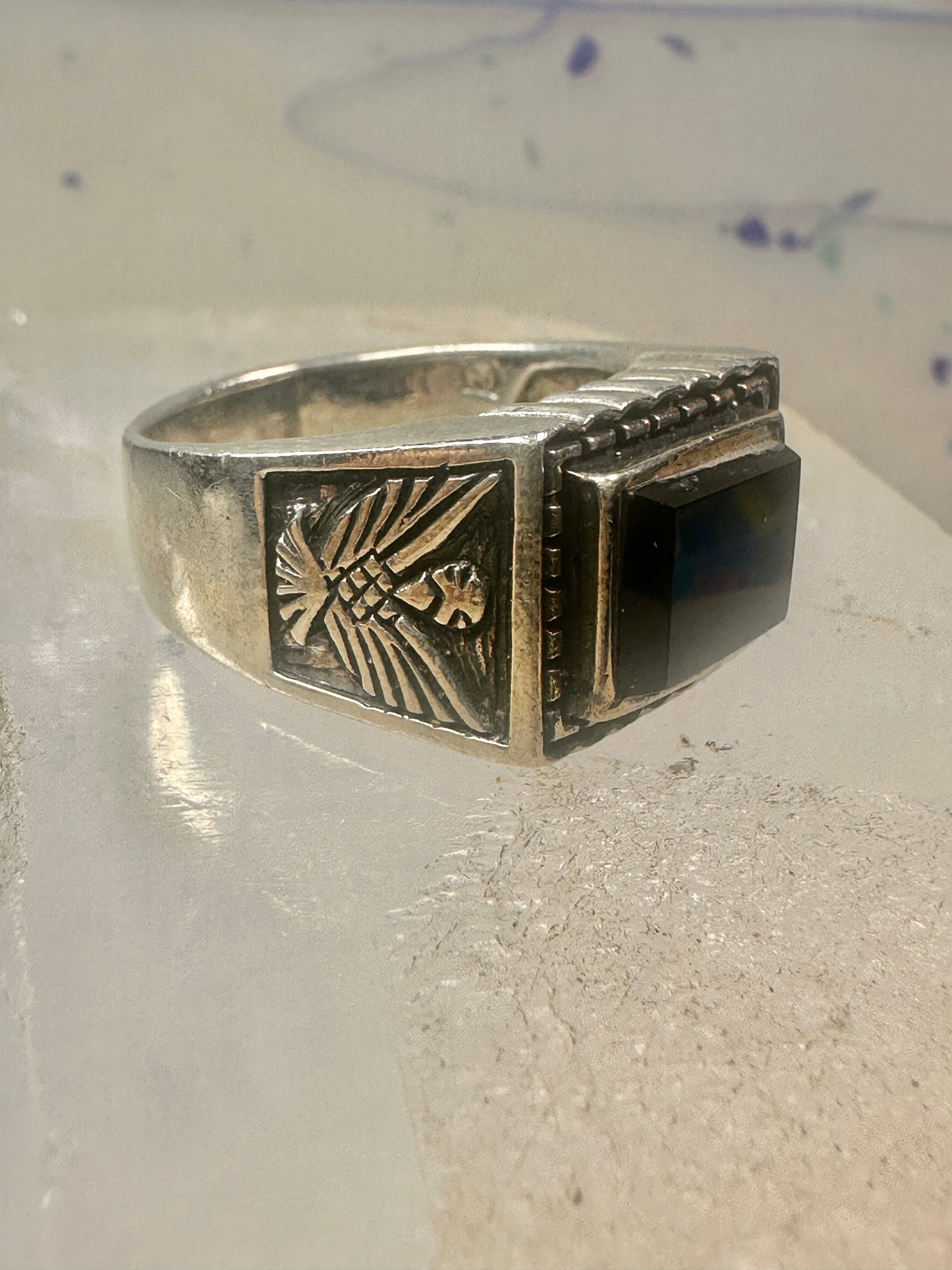 Onyx ring thunderbird size 11 southwestern biker band sterling silver men