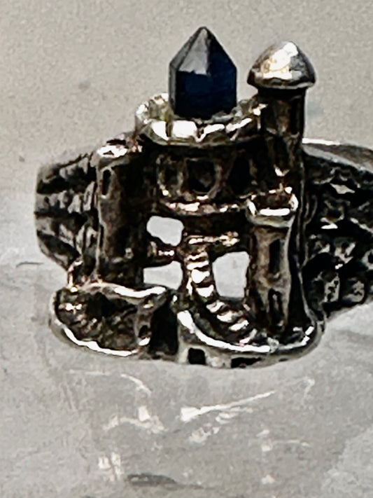 Castle ring size 10.75 Medieval Crystal or black glass Tower sterling silver women