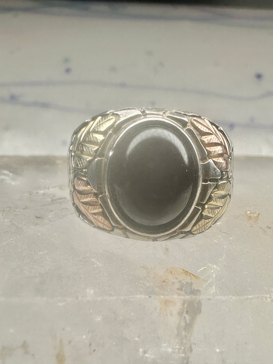 Black Hills Gold ring onyx leaves band size 11 sterling silver women men