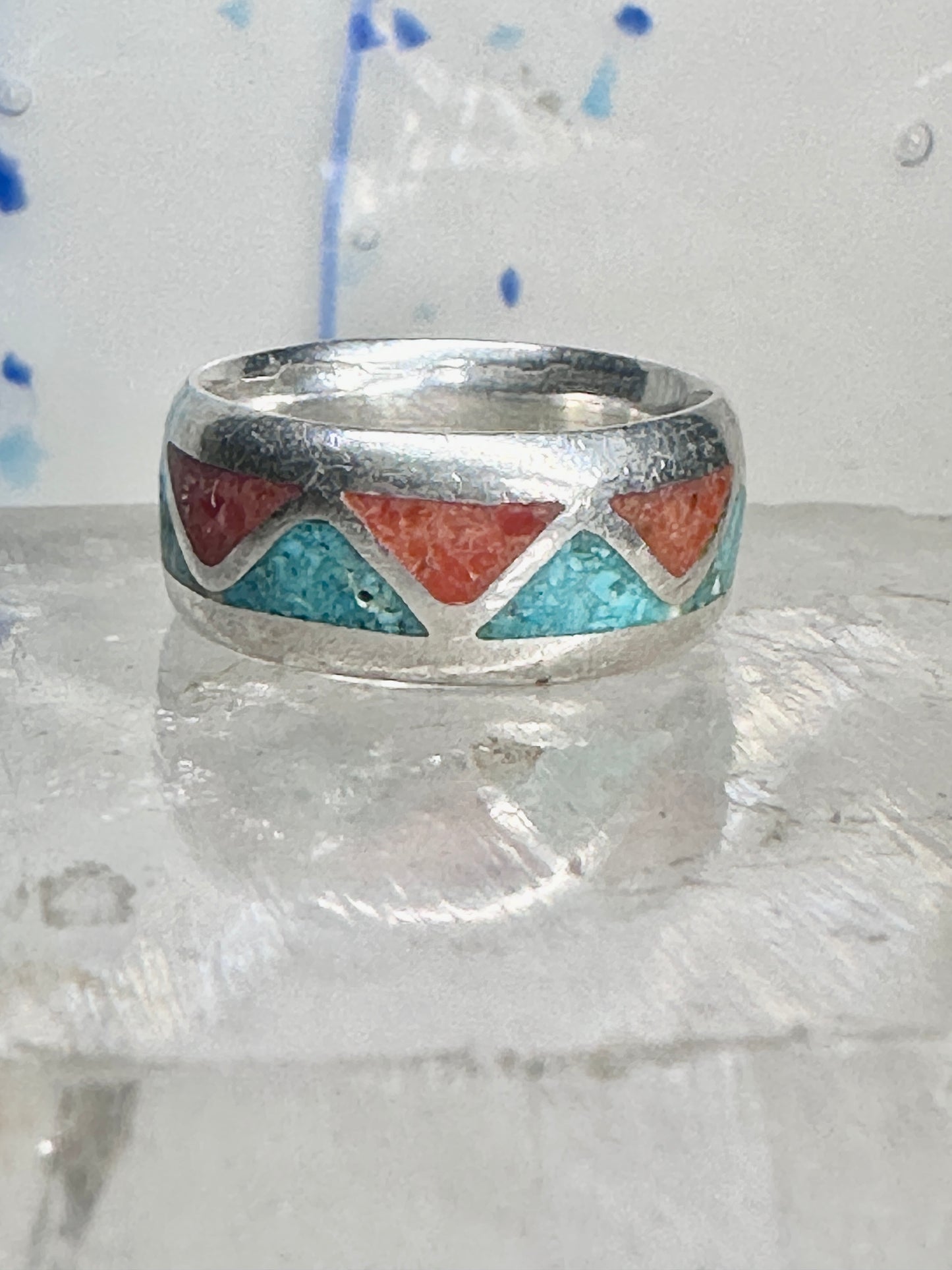 Zuni Wedding ring turquoise chips coral band size 4.50 pinky sterling silver women