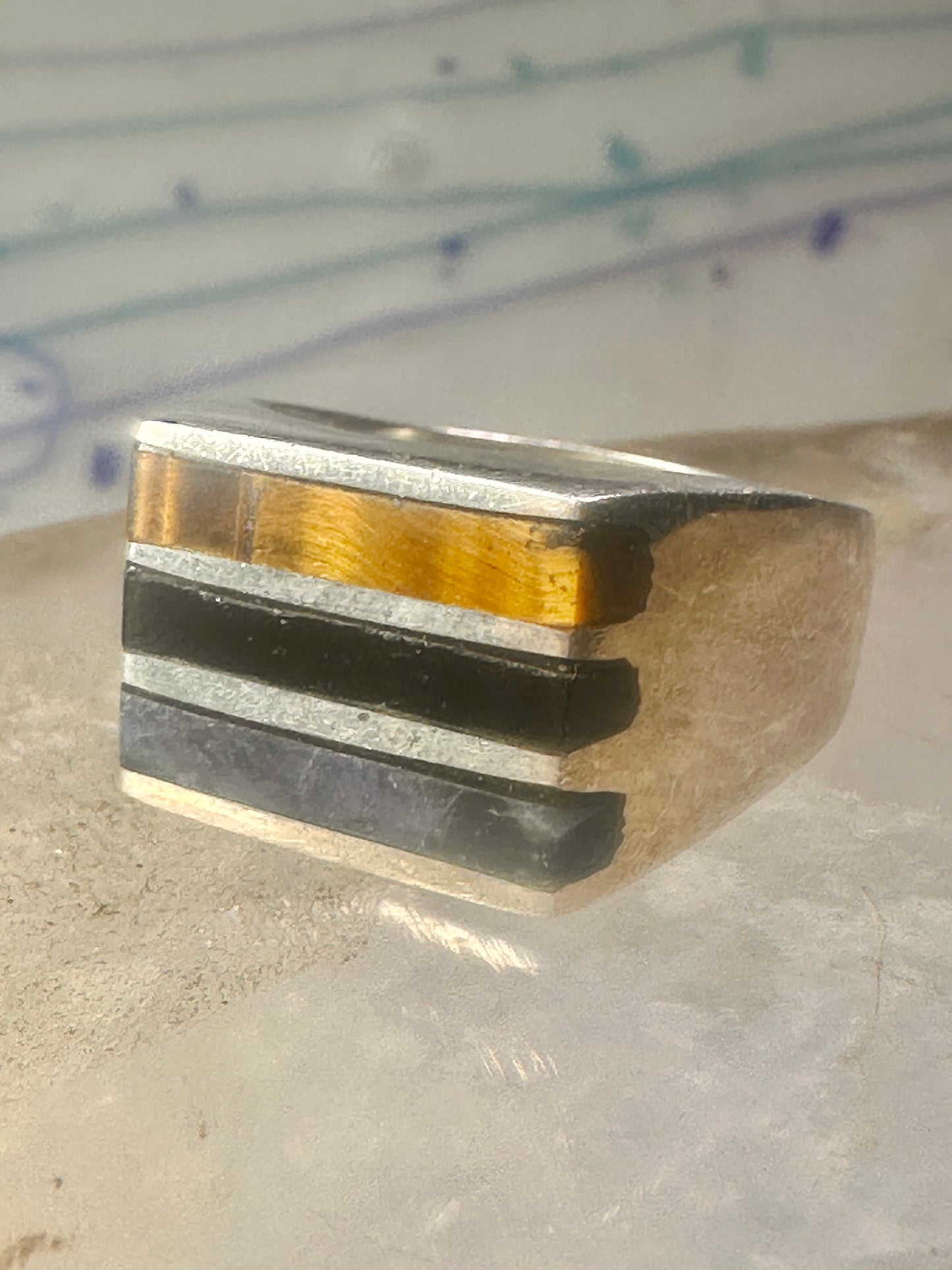 Mexico ring tiger eye size 9.75 inlaid sterling silver men women