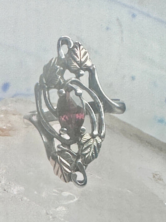 Long Black Hills Gold ring garnet leaves floral size 4.50 sterling silver women