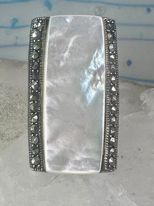 Long Mother of pearl marcasite ring full finger size 6 sterling silver women