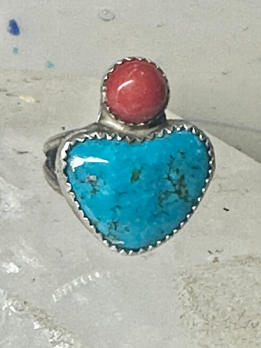 Turquoise ring size 6.75 Heart Love Valentine southwest coral sterling silver women