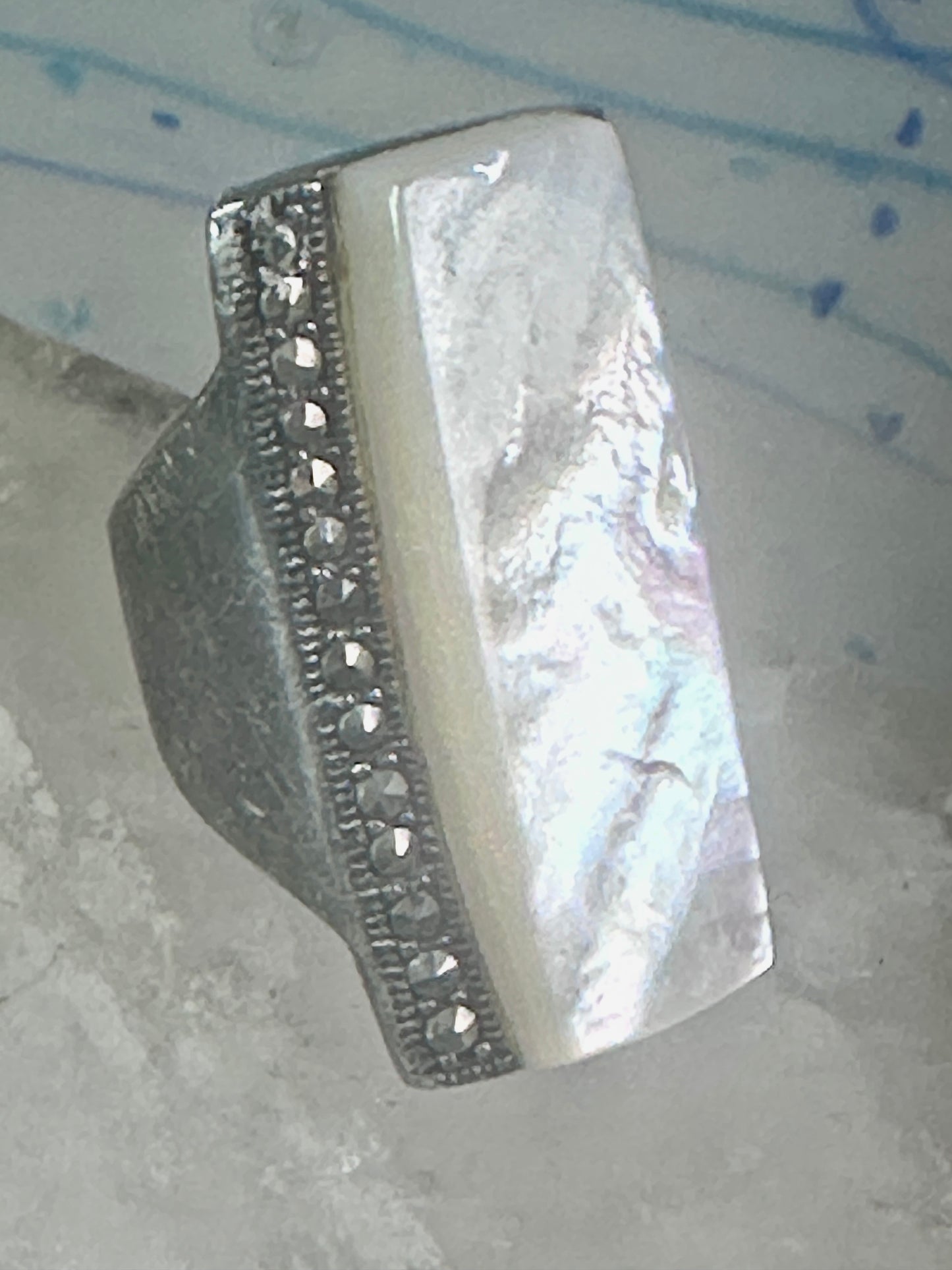 Long Mother of pearl marcasite ring full finger size 6 sterling silver women
