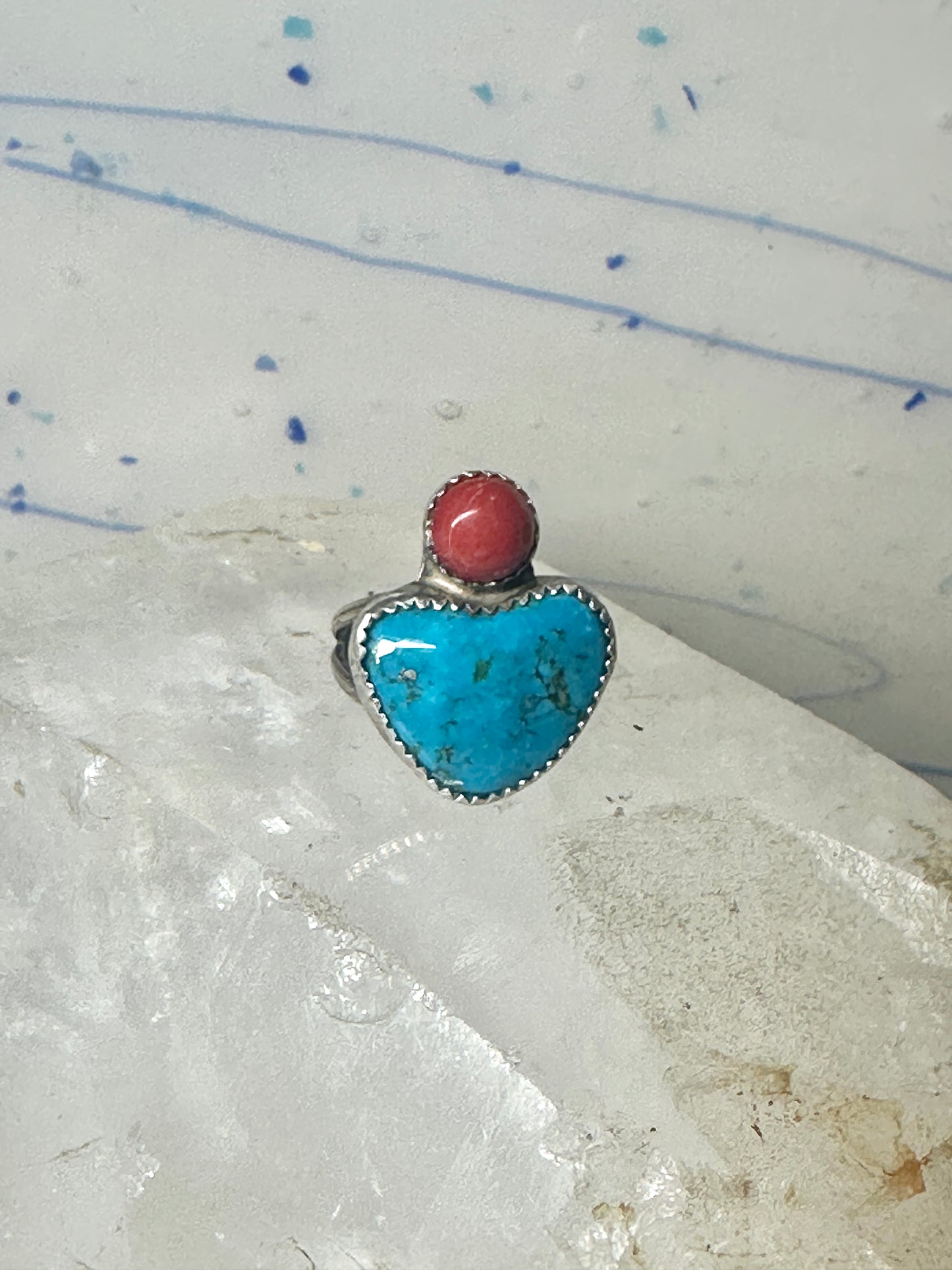 Turquoise ring size 6.75 Heart Love Valentine southwest coral sterling silver women