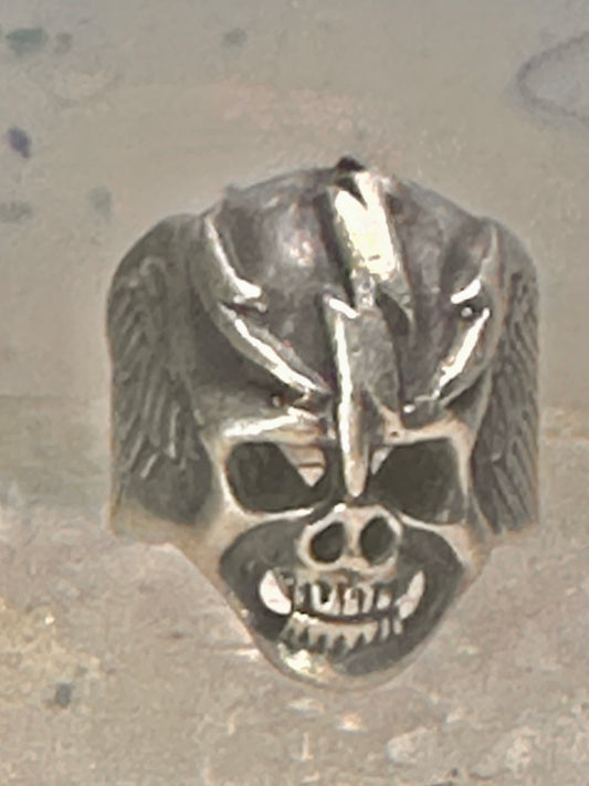 Skull ring lightening bolt biker band size 9.75 sterling silver women men
