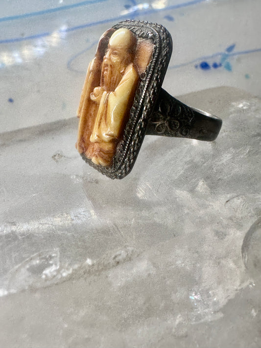 God of Longevity ring Shou-Lao swirls size 8.75 sterling silver women