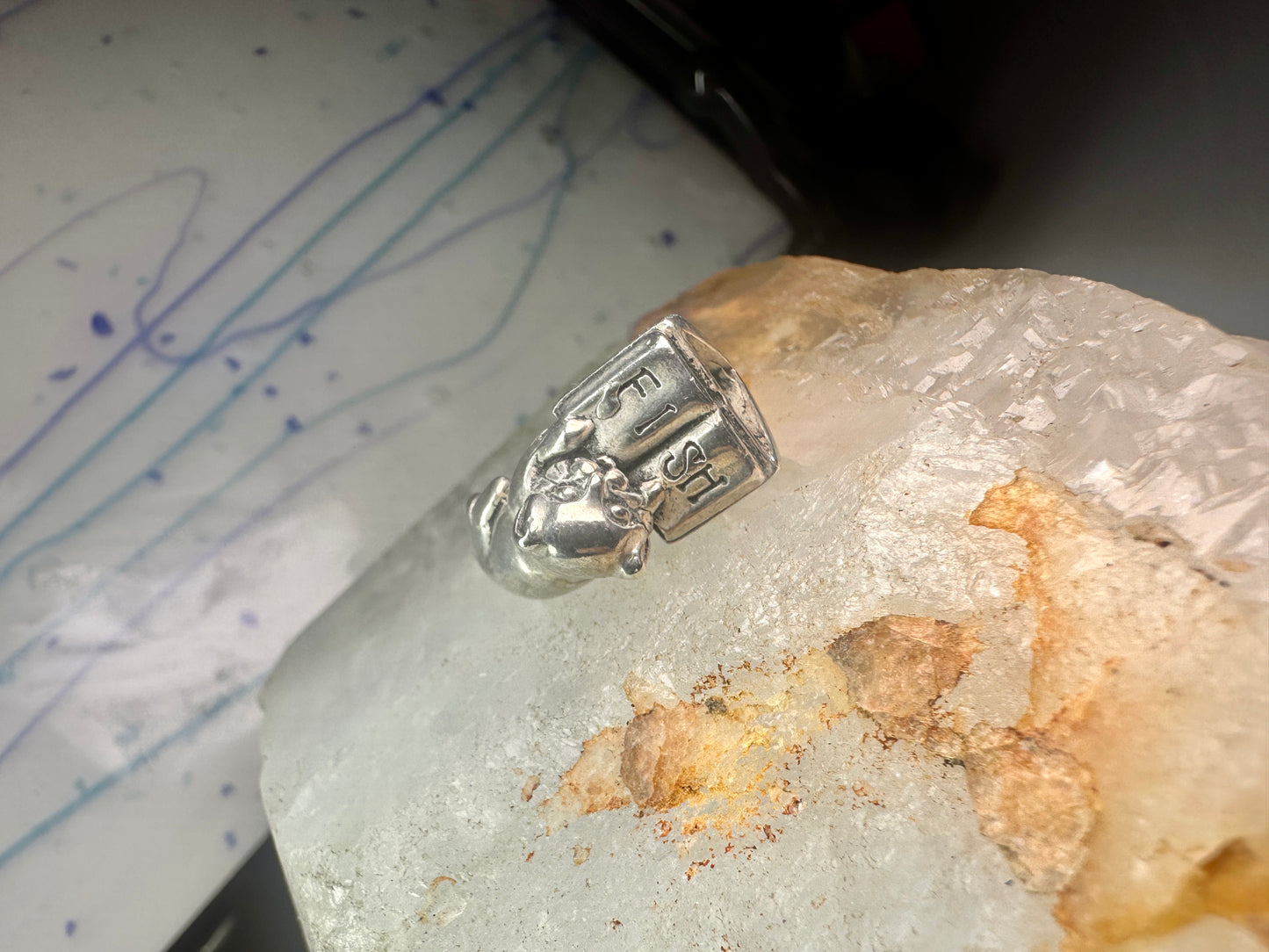 Cat ring reading Fish Book pinky band sterling silver size 4.75 sterling silver