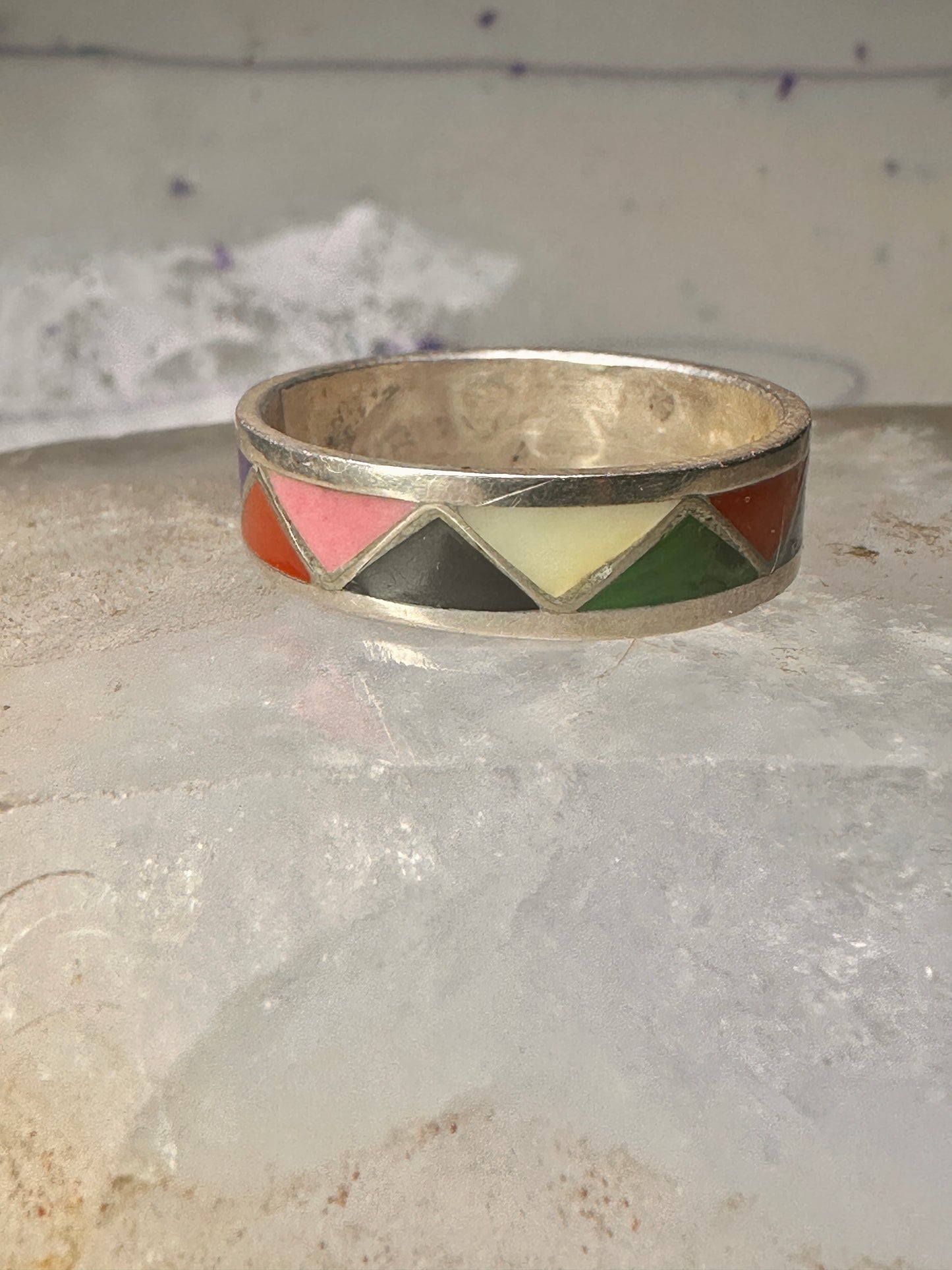 Zuni wedding ring turquoise malachite coral MOP size 12.75 sterling silver men