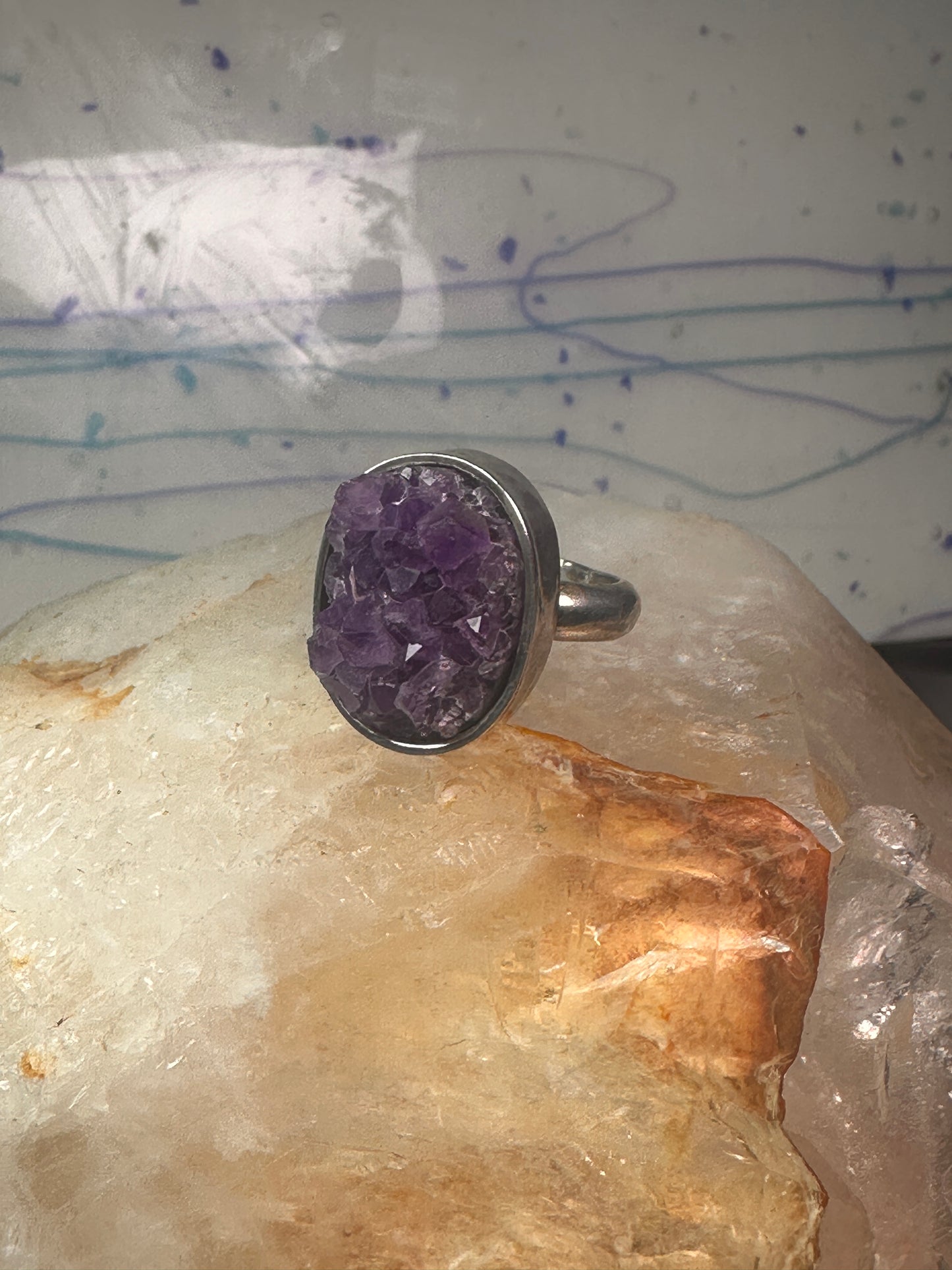 Amethyst crystal boho ring size 8 sterling silver women