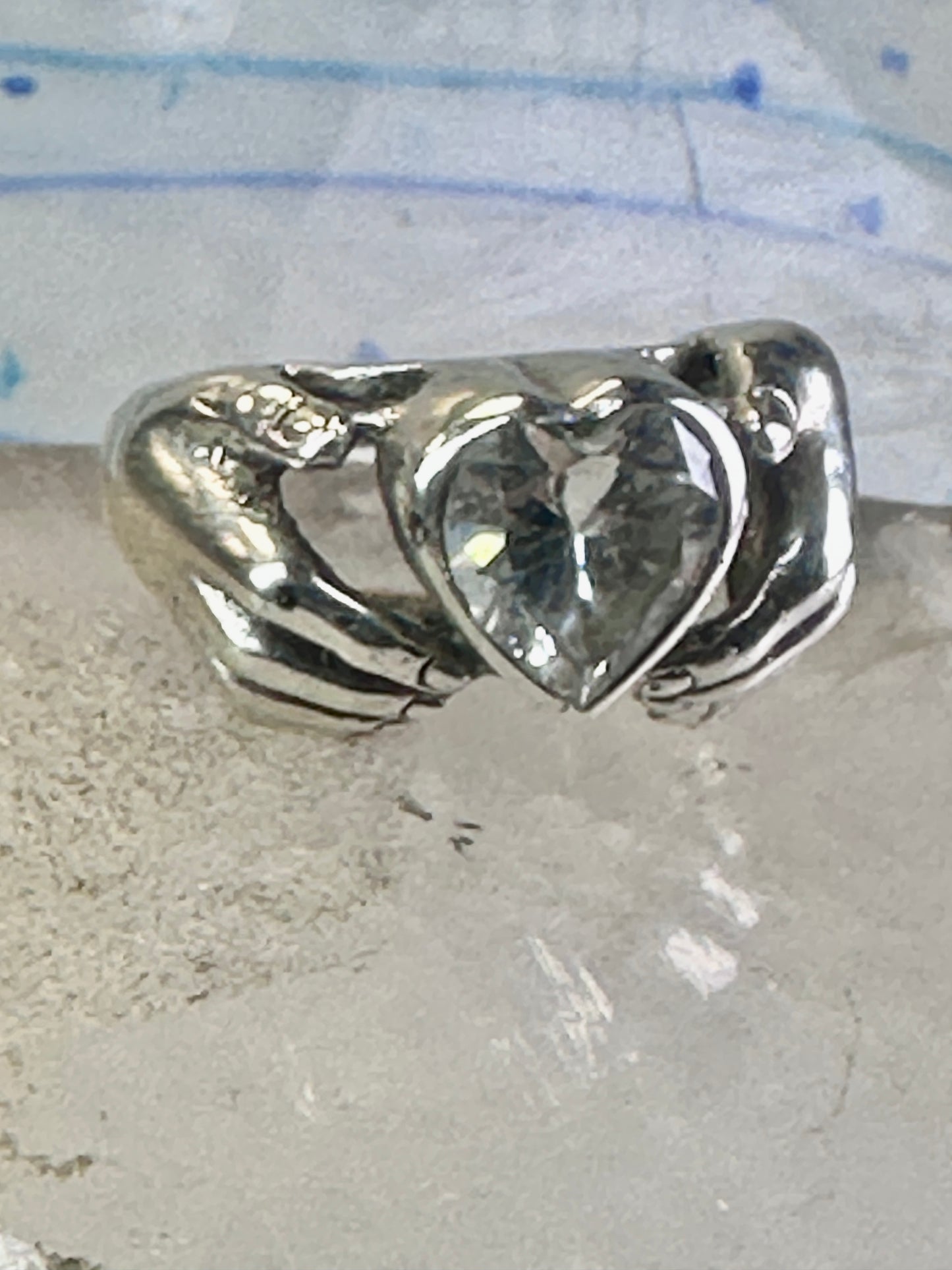 Heart ring Hands holding heart Valentine love band size 7.75 sterling silver women