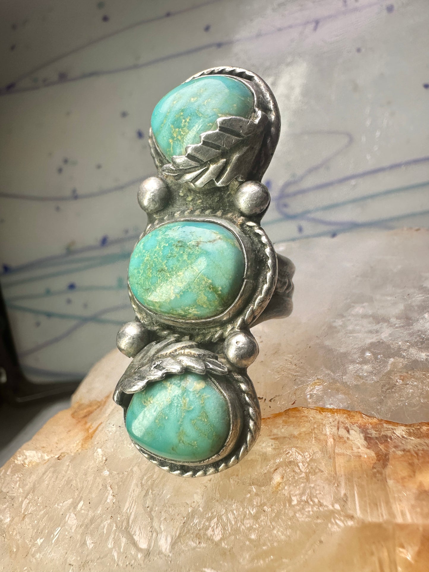 Navajo Long turquoise ring size 5.75 sterling silver feathers leaf women