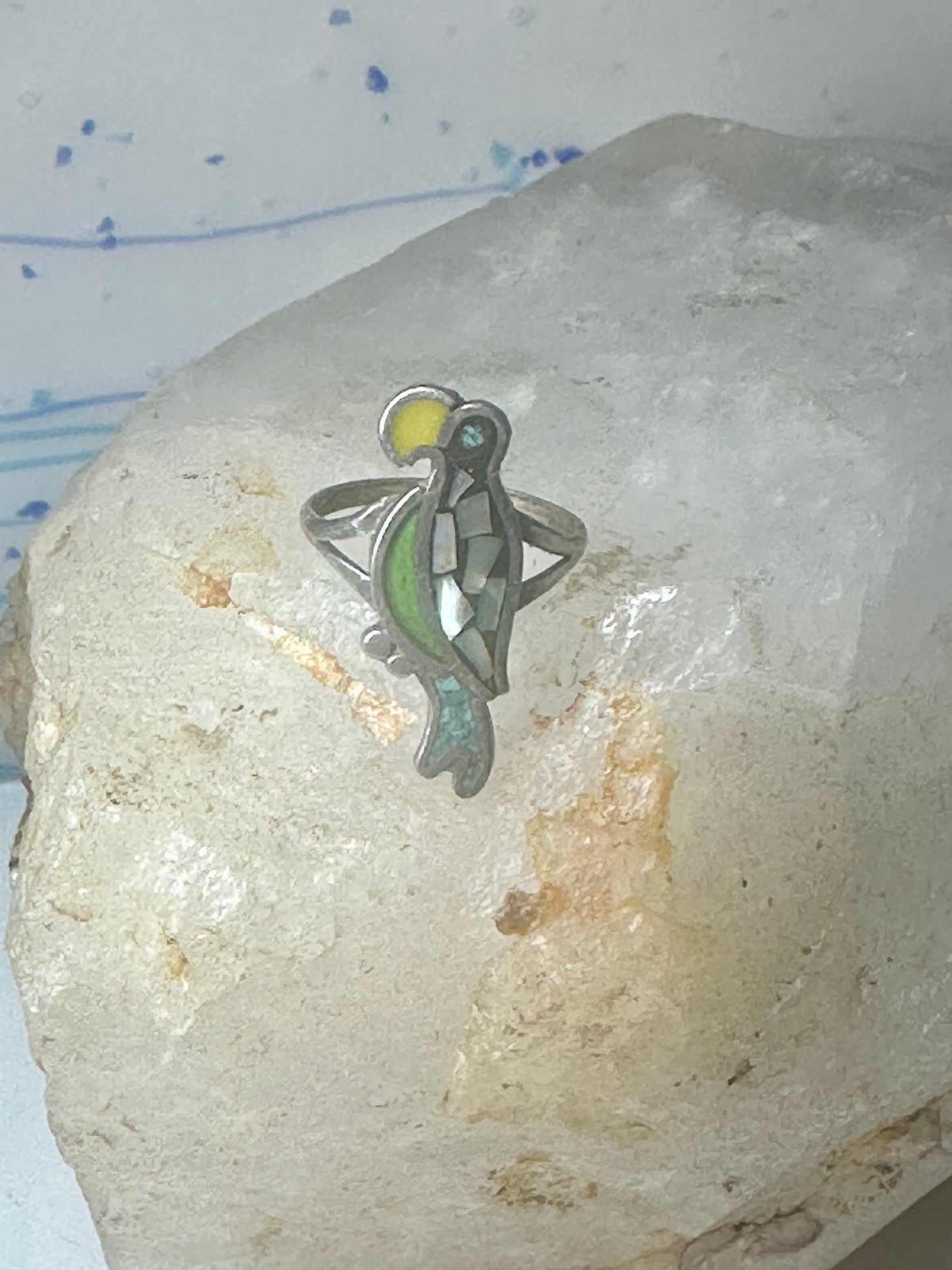 Toucan ring parrot turquoise abalone southwest Size 7.50 sterling silver women girls
