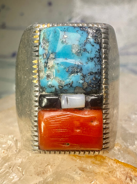 Navajo ring cobblestone turquoise coral MOP onyx size 10 sterling silver men women