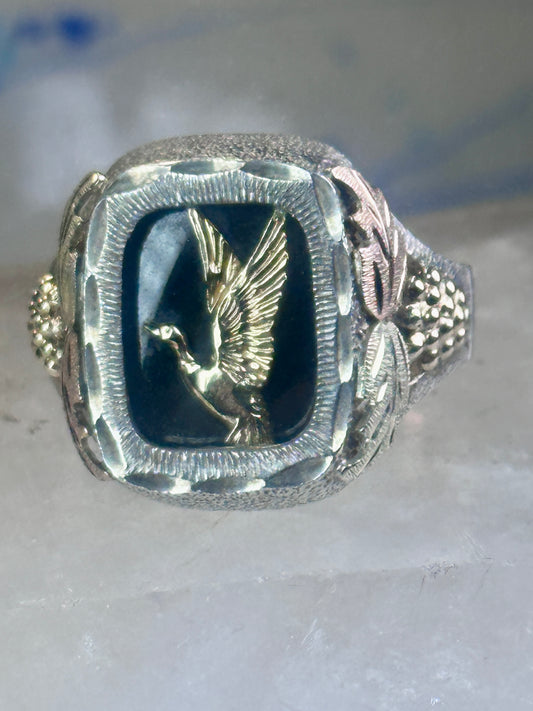 Black Hills Gold ring onyx size 10.75 duck goose Sterling silver 12K