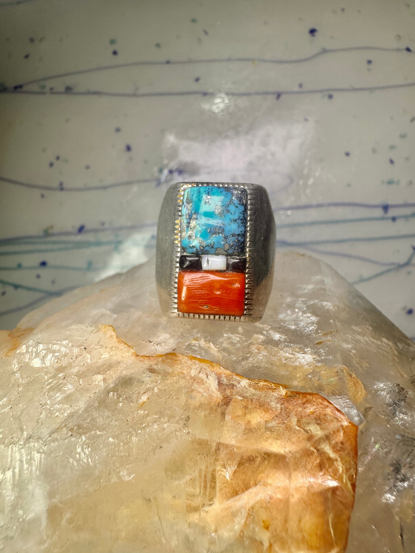 Navajo ring cobblestone turquoise coral MOP onyx size 10 sterling silver men women