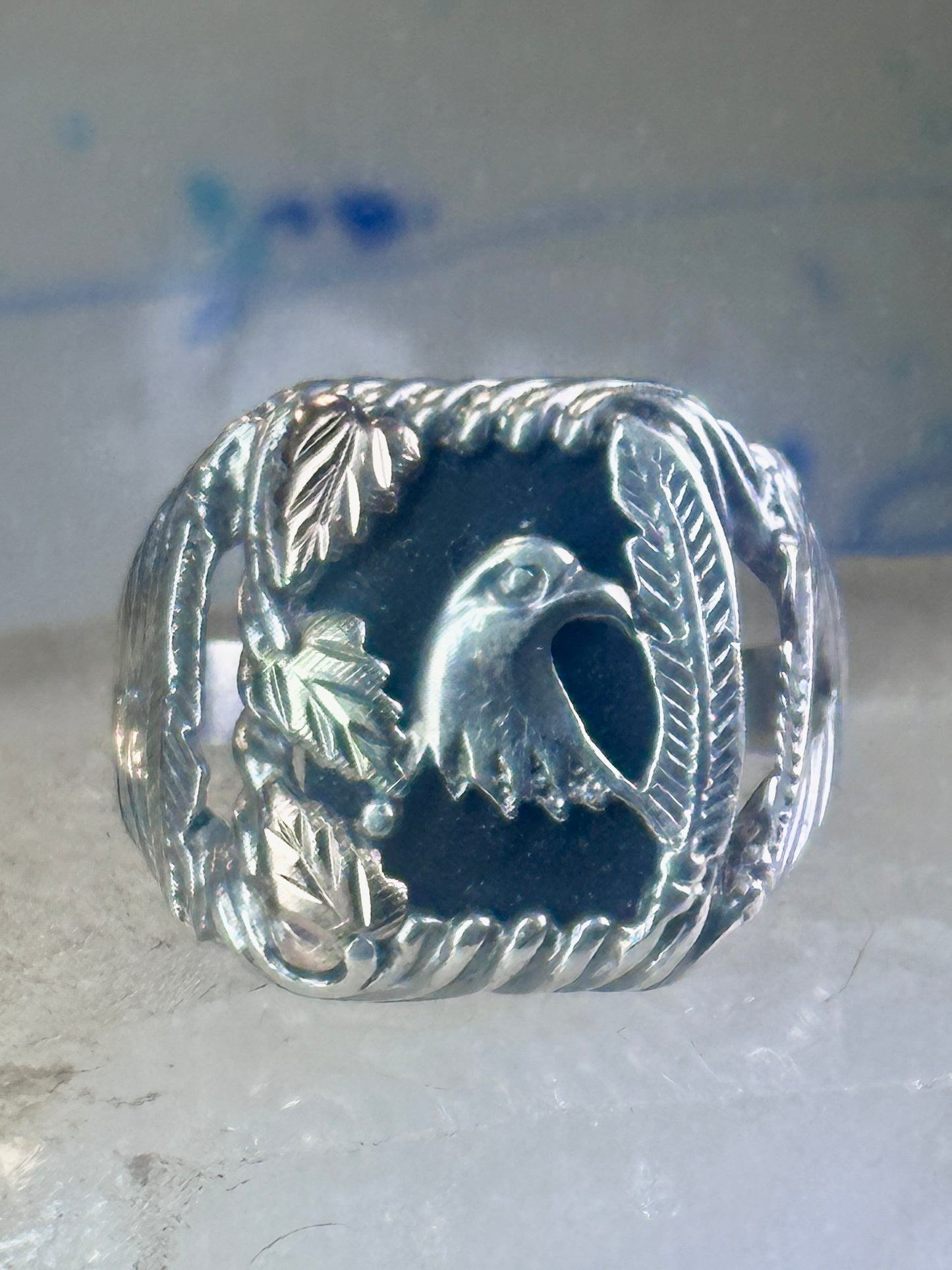 Black Hills Gold onyx ring size 11 Eagle feather Sterling silver women men 12K