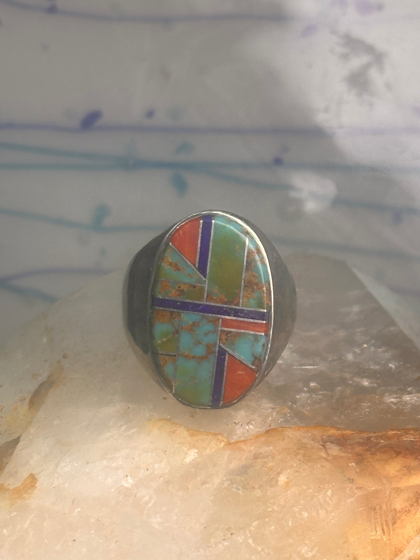 Zuni ring Turquoise spiny oyster lapis inlay band size 10 sterling silver