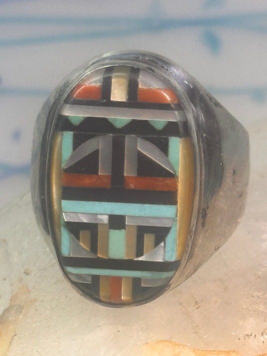 Zuni ring Turquoise mother of pearl jet inlay band size 11.75 sterling silver